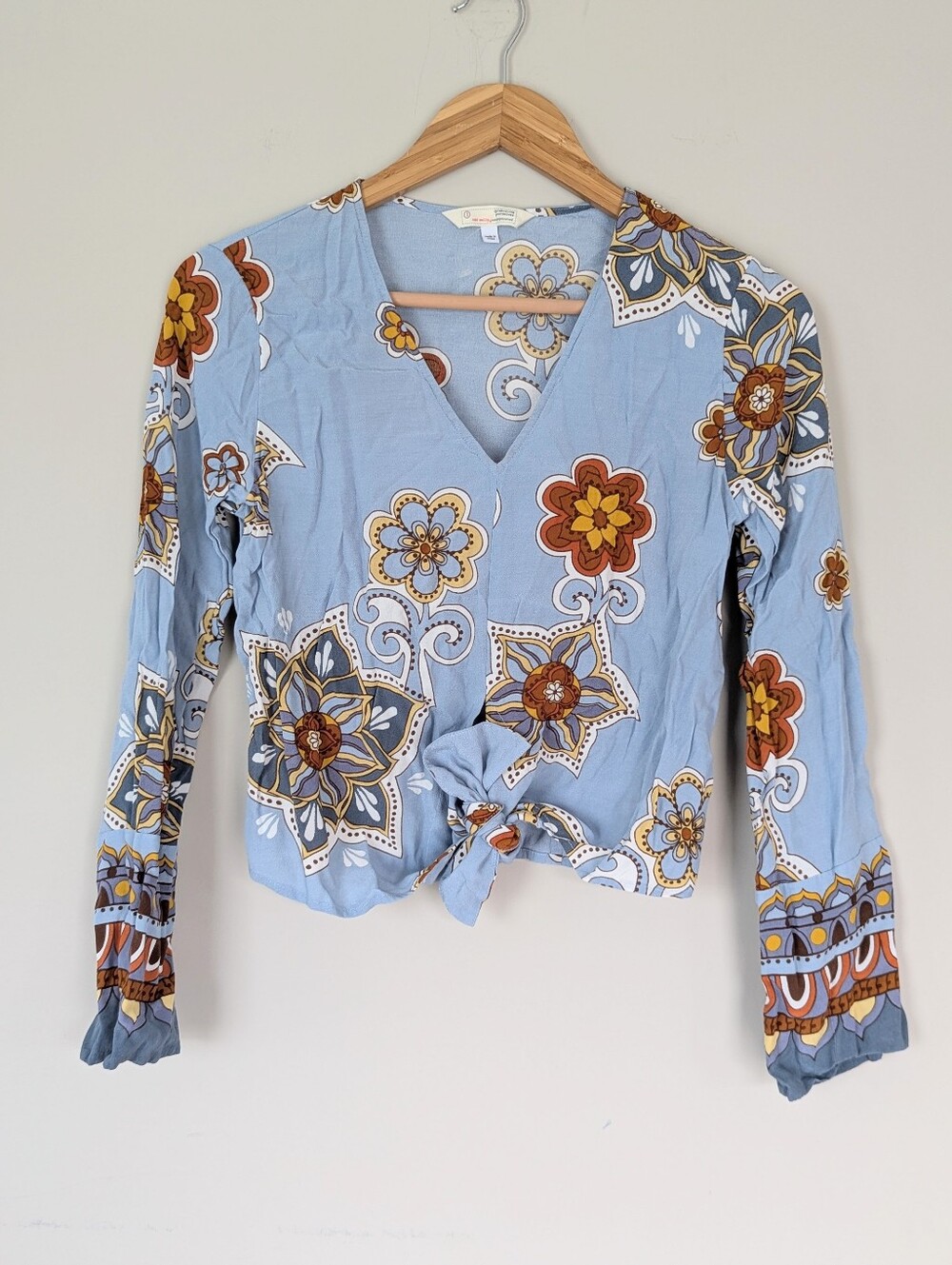 Odd Molly Blue Floral Tie Front Top Flare Sleeve Large Bohemian Retro Festival